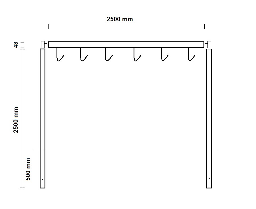 Wäschegerüst Ø 48 mm aus Stahl, Breite: 2500 mm