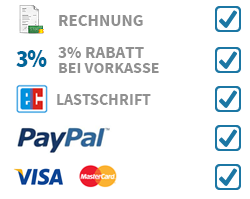 Mögliche Zahlungsarten: Per Rechnung, Vorkasse (3% Rabatt), Lastschrift, PayPal , Visa und Mastercard