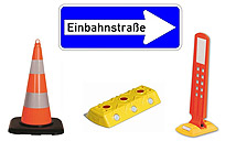 Verkehrstechnik wie Schilder, Absperrungen und Schwellen